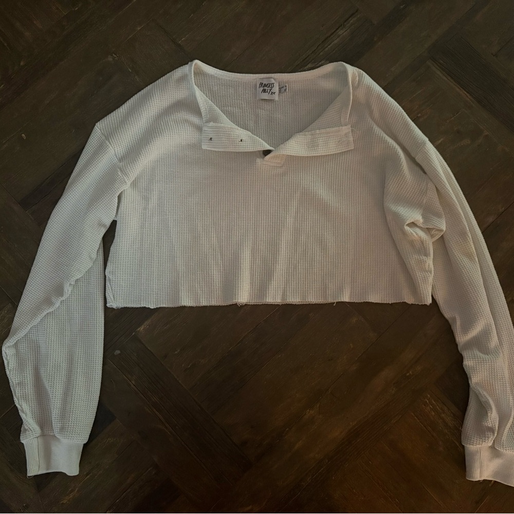 Princess Polly White Cropped Waffle Knit Long-Sleeve Top